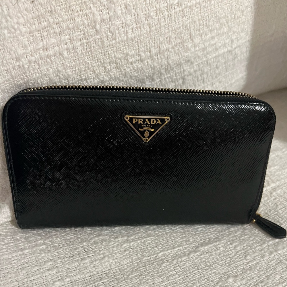 Prada Black Patent Leather Zip Around Wallet
